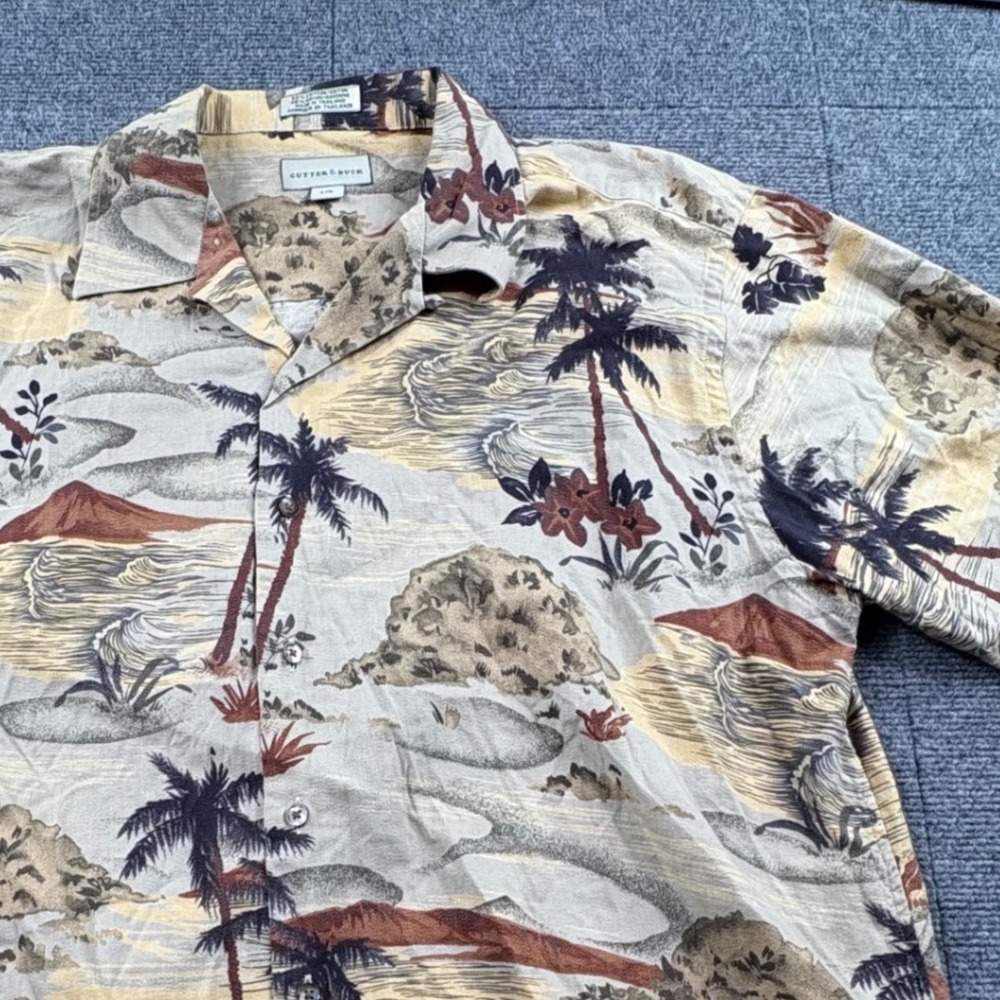 Cutter & Buck Mens Large Dr Pepper Miami 2003 Tropical Palm Tree Camp Shirt Tan